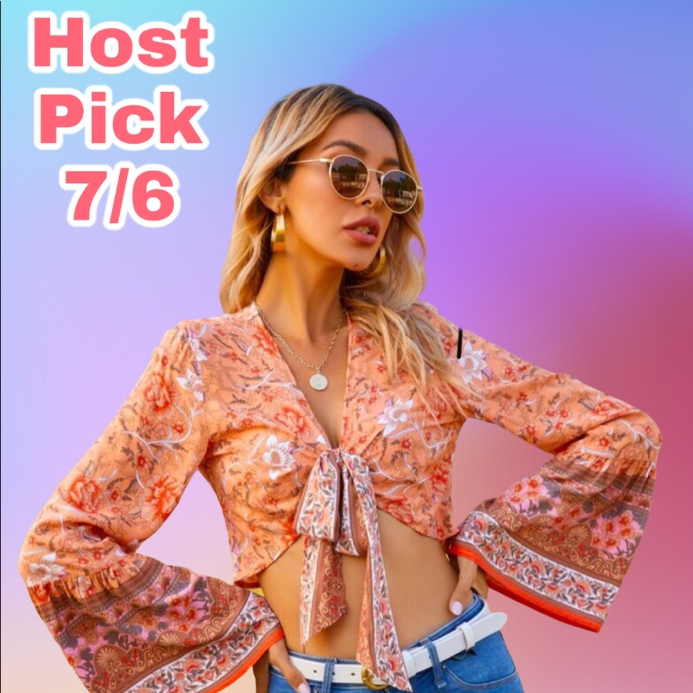 Sale! As low as I can go! NWT Shein boho floral tie-front crop top in peach